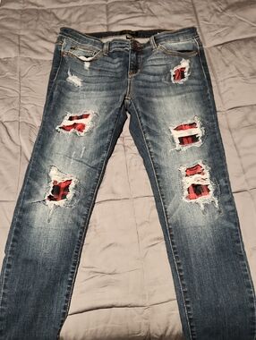 Judy Blue Distressed Blue Skinny Jeans with Red Plaid Patch